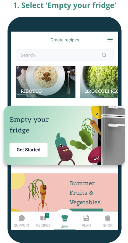 Phone screen showing front page of the app and highlighting the Empty your fridge feature