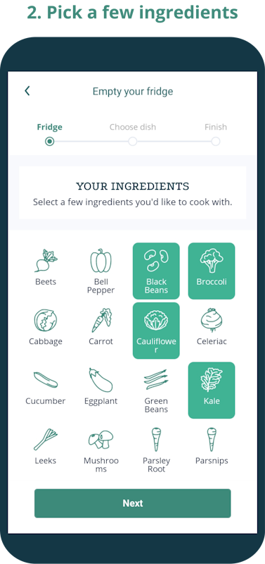 Phone screen showing ingredients with icons that have been selected from a category called Your ingredients