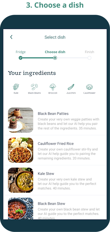 Phone screen showing possible dishes to make with the selected ingredients