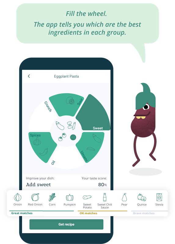 Phone screen showing the GastroWheel and eggplant character saying: "Fill the wheel. The app tells you which are the best ingredients in each group"