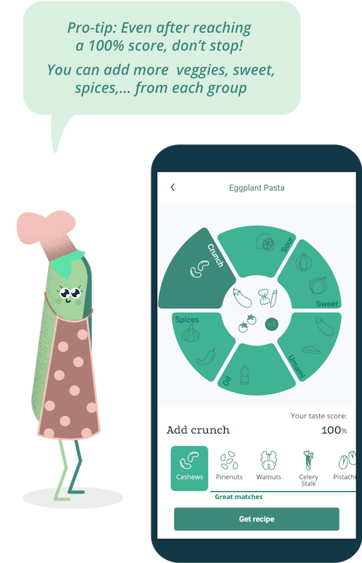 Another phone screen showing the GastroWheel and a pea cartoon character saying: "Pro-tip: Even after reaching a 100% score, don't stop! You can add more veggies, sweet, spices etc. from each group"