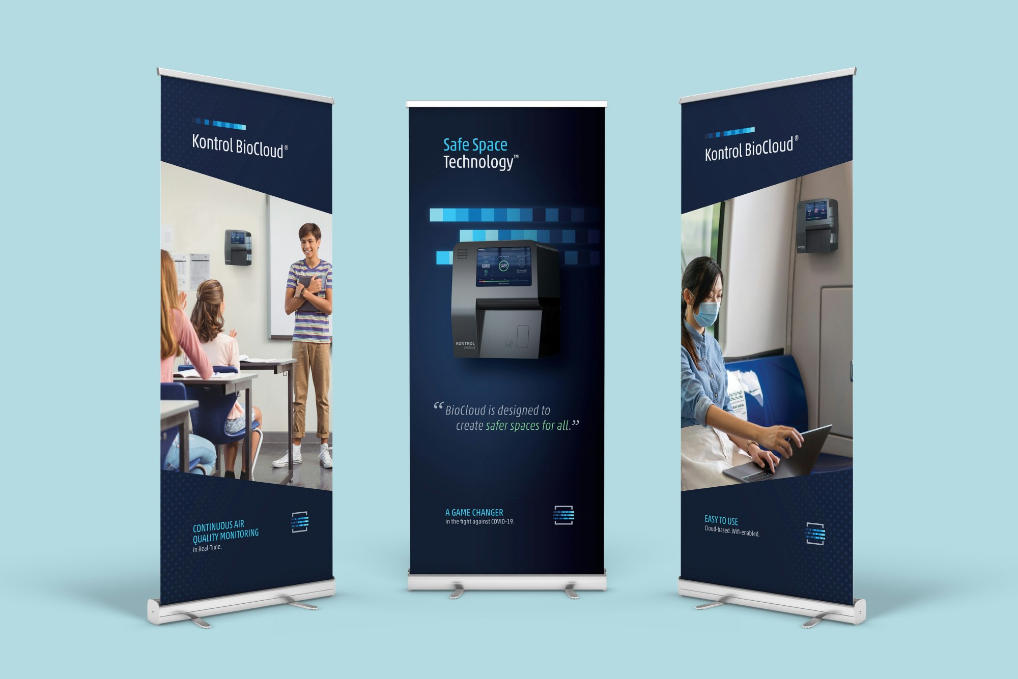 Three roll up banners displaying Kontrol Biocloud product