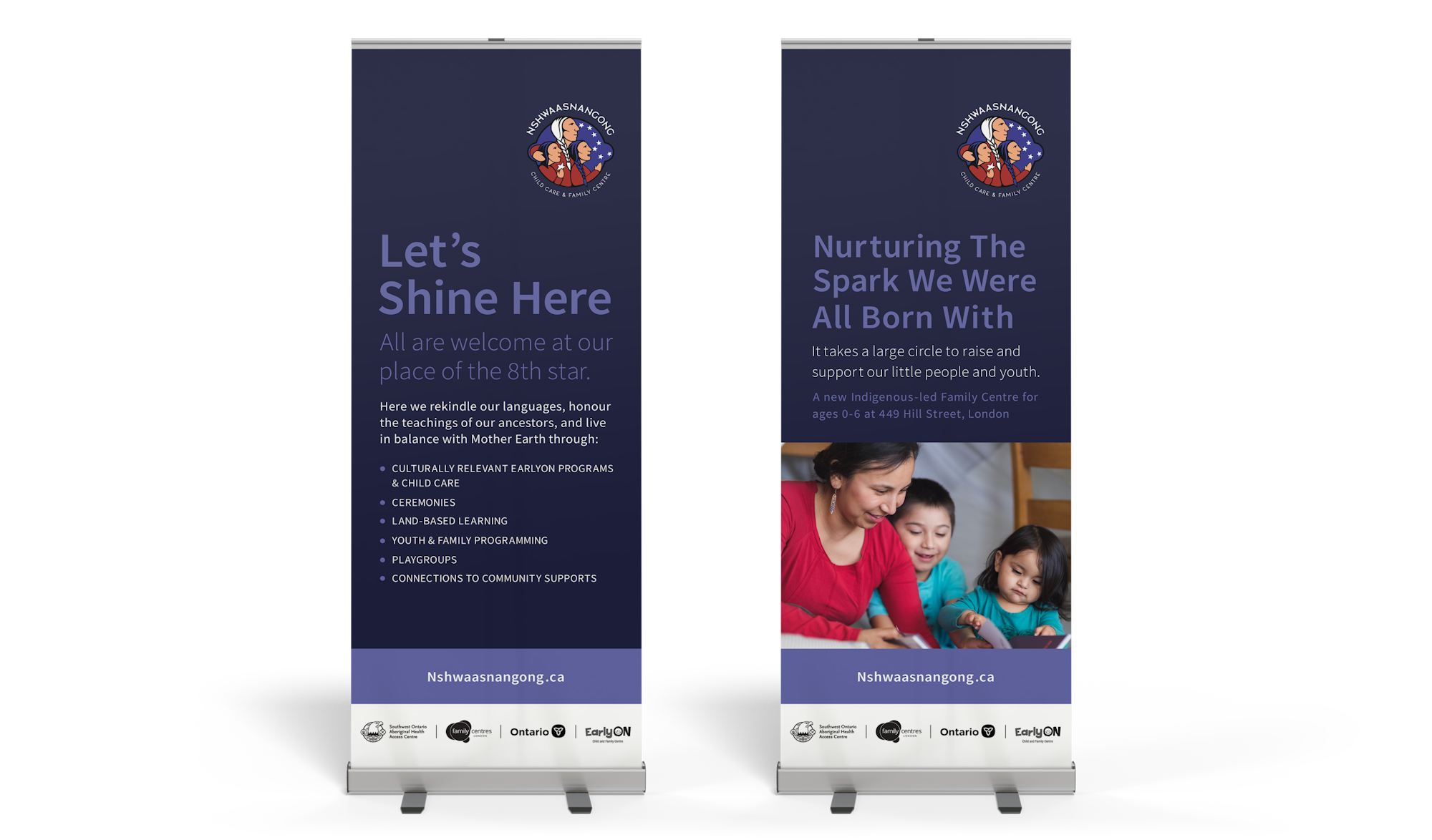 Two popup banners - Let's Shine Here & Nurturing the spark we were all born with