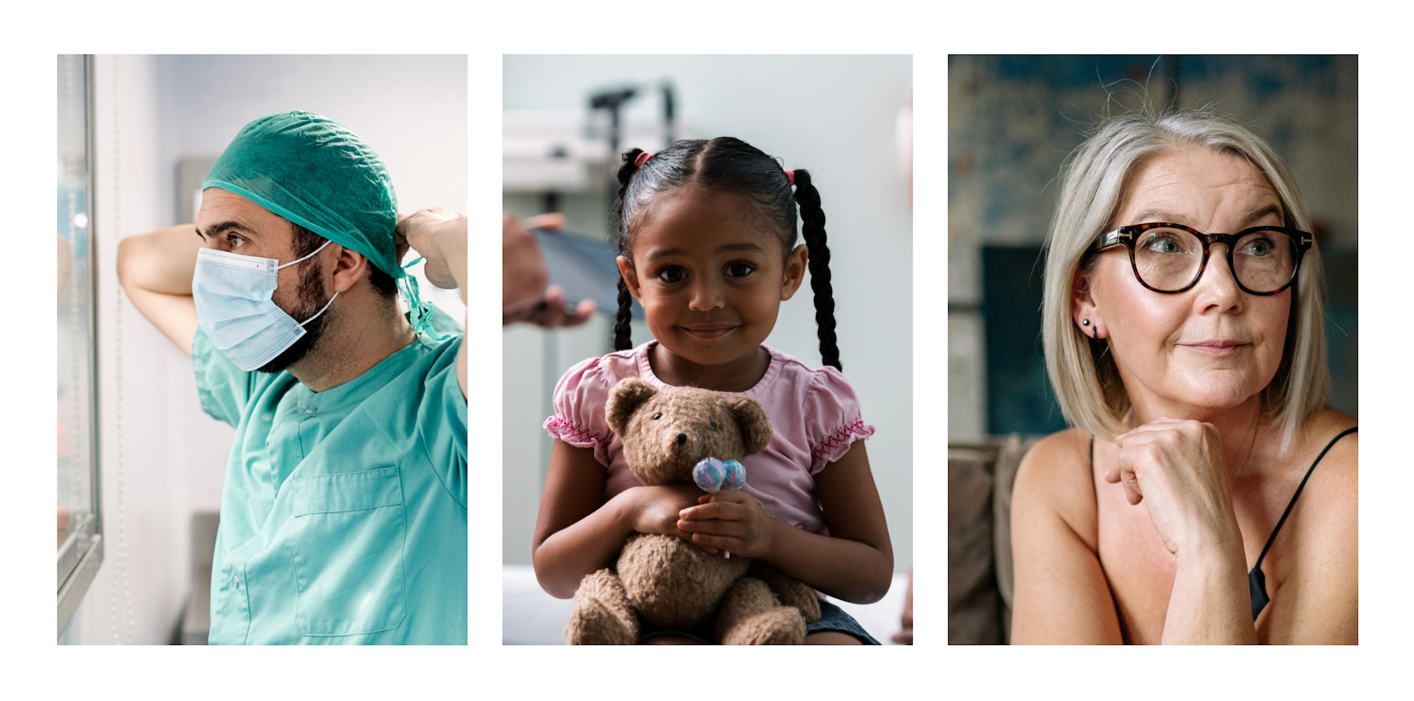 left to right: doctor putting on a medical mask, little girl on an examination table holding a bear, mature woman looking off