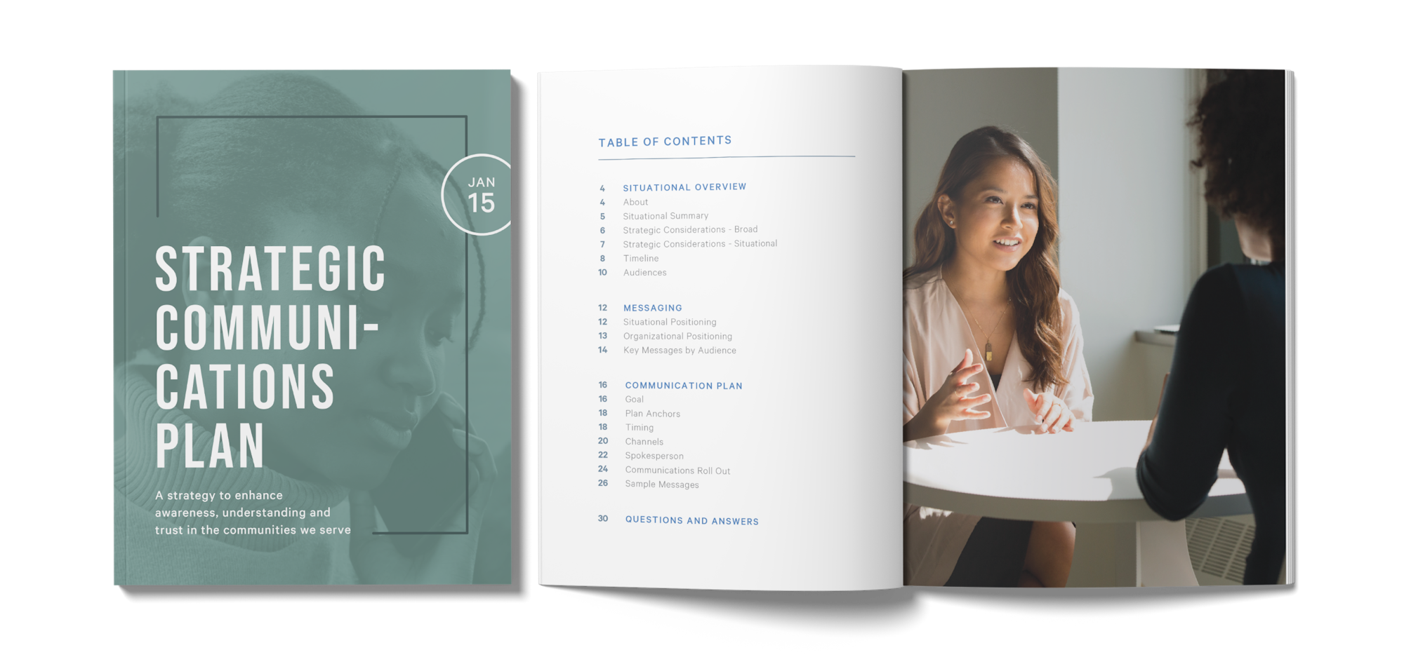cover and 2 page spread: strategic comms plan, table of contents