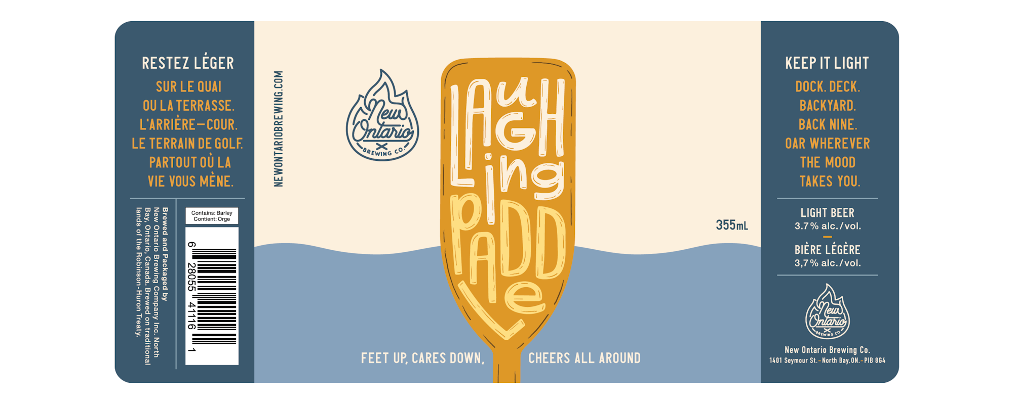 Beer can label design laid out flat. Reads: Laughing Paddle. Feet Up. Cares Down. Cheers All Around.