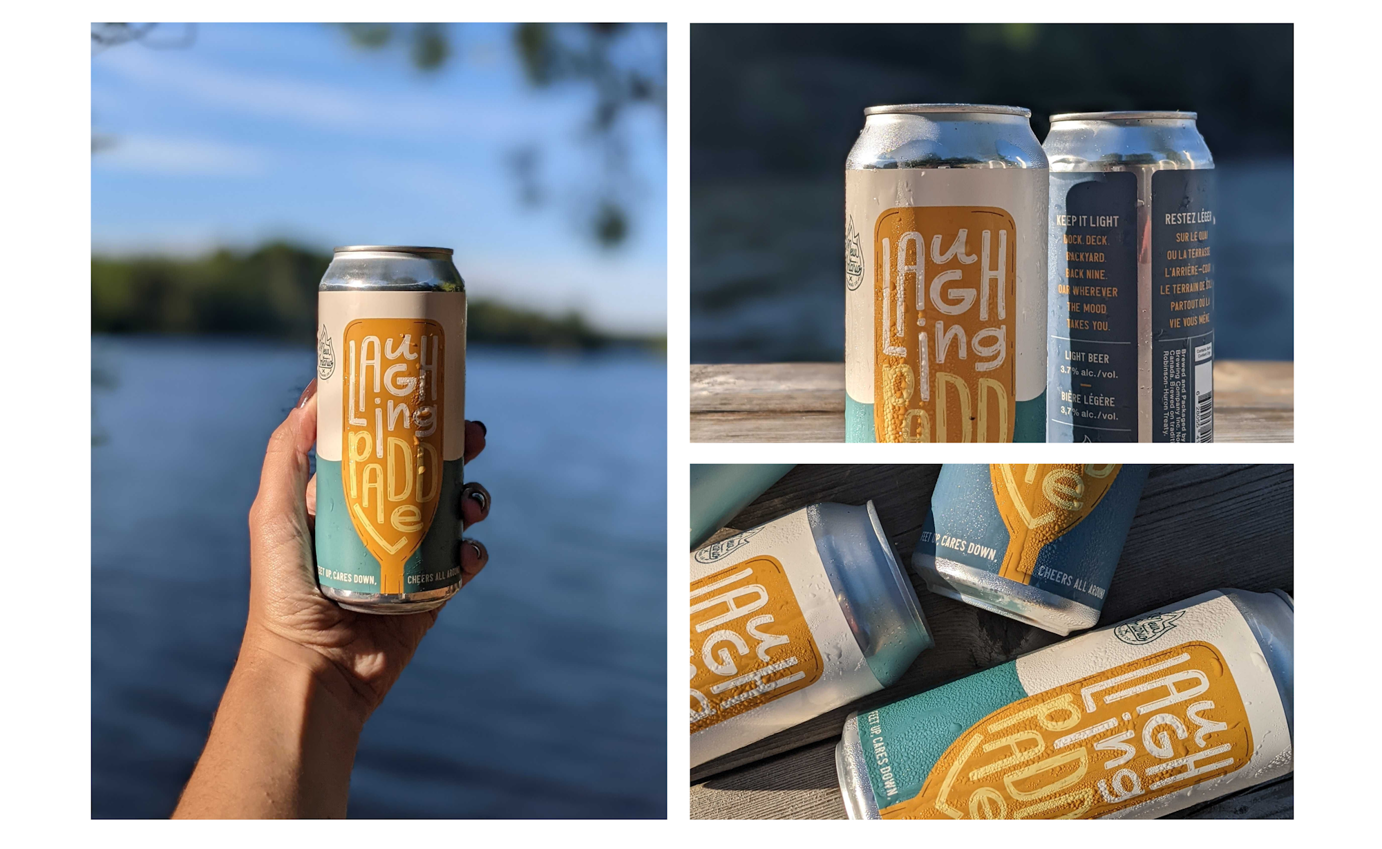 Gallery of Laughing Paddle beer can shots in front of a lake