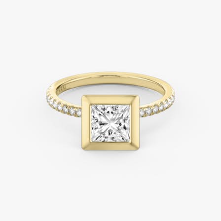 Yellow gold Signature Bezel engagement ring with Princess cut diamond