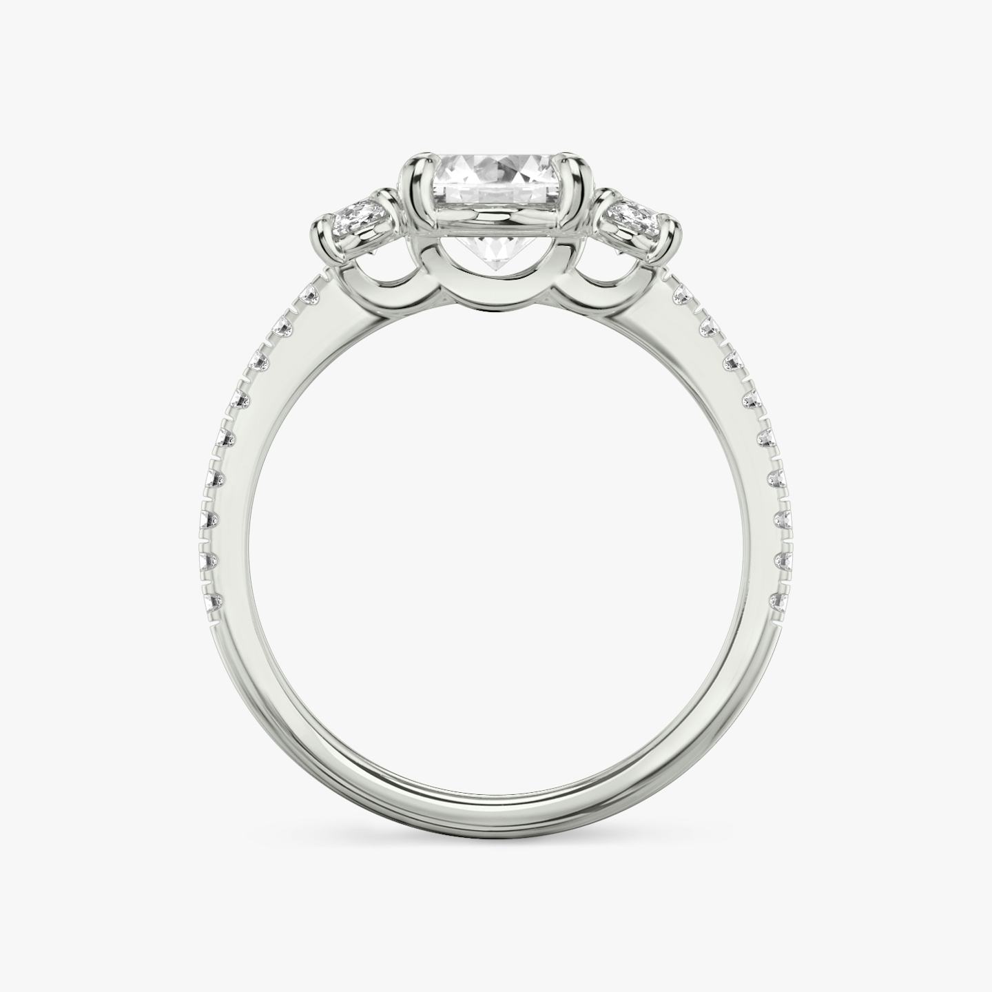 The Three Stone | Oval | 18k | 18k White Gold | Band: Pavé | Side stone carat: 1/4 | Side stone shape: Oval | Diamond orientation: vertical | Carat weight: See full inventory