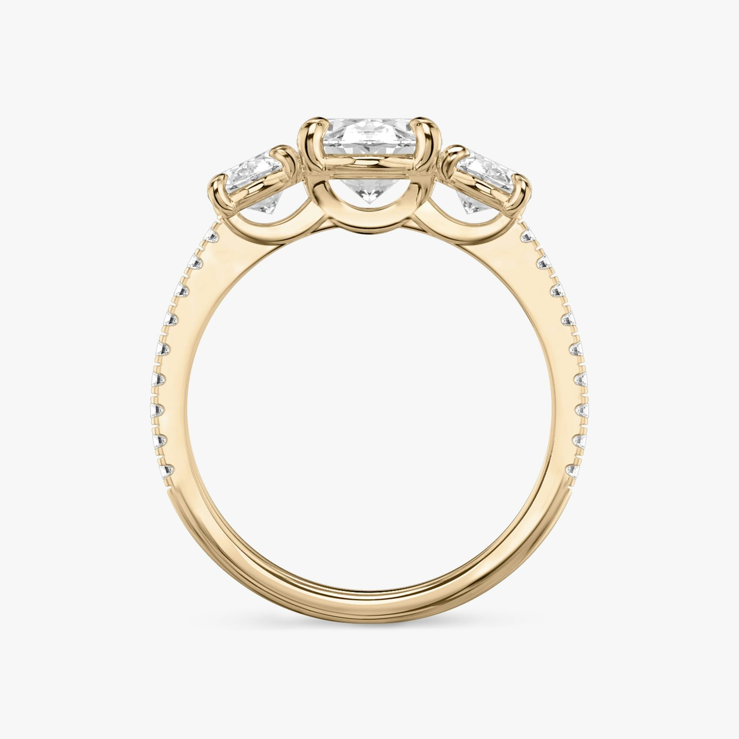 The Three Stone | Oval | 14k | 14k Rose Gold | Band: Pavé | Side stone carat: 1/2 | Side stone shape: Oval | Diamond orientation: vertical | Carat weight: See full inventory