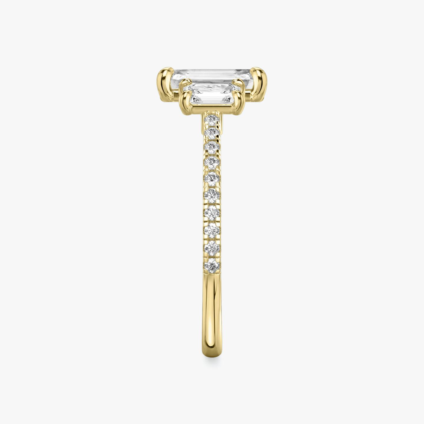The Three Stone | Emerald | 18k | 18k Yellow Gold | Band: Pavé | Side stone carat: 1/4 | Side stone shape: Emerald | Diamond orientation: vertical | Carat weight: See full inventory