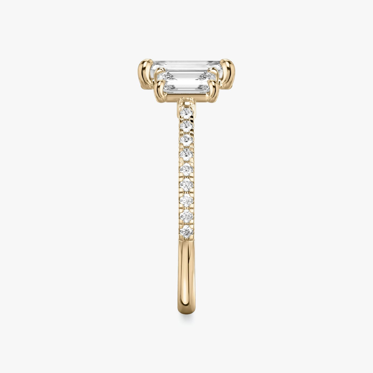 The Three Stone | Emerald | 14k | 14k Rose Gold | Band: Pavé | Side stone carat: 1/2 | Side stone shape: Emerald | Diamond orientation: vertical | Carat weight: See full inventory