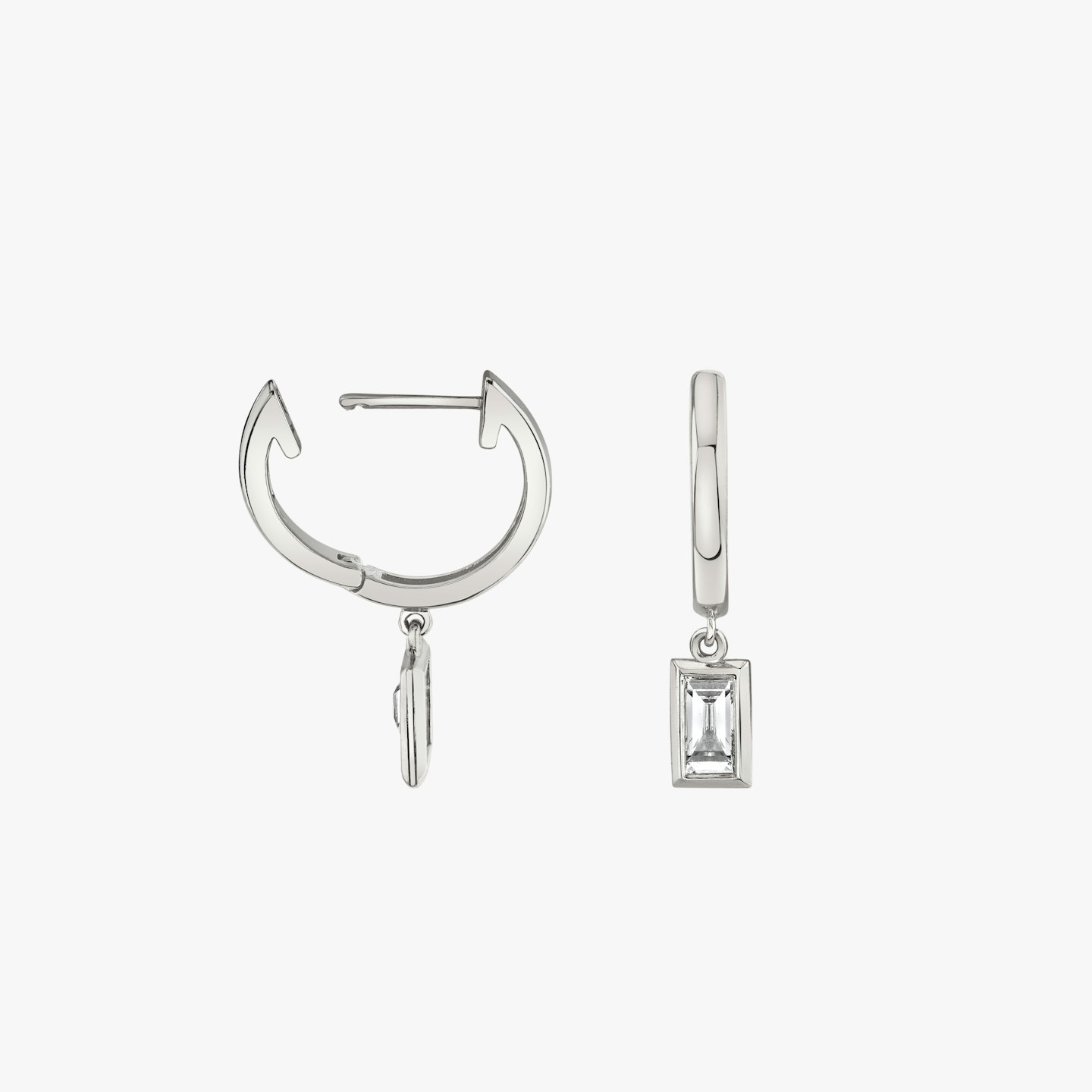 Diamond Bezel Drop Huggie Hoops Closeup image of Diamond Bezel Drop Huggie Hoops