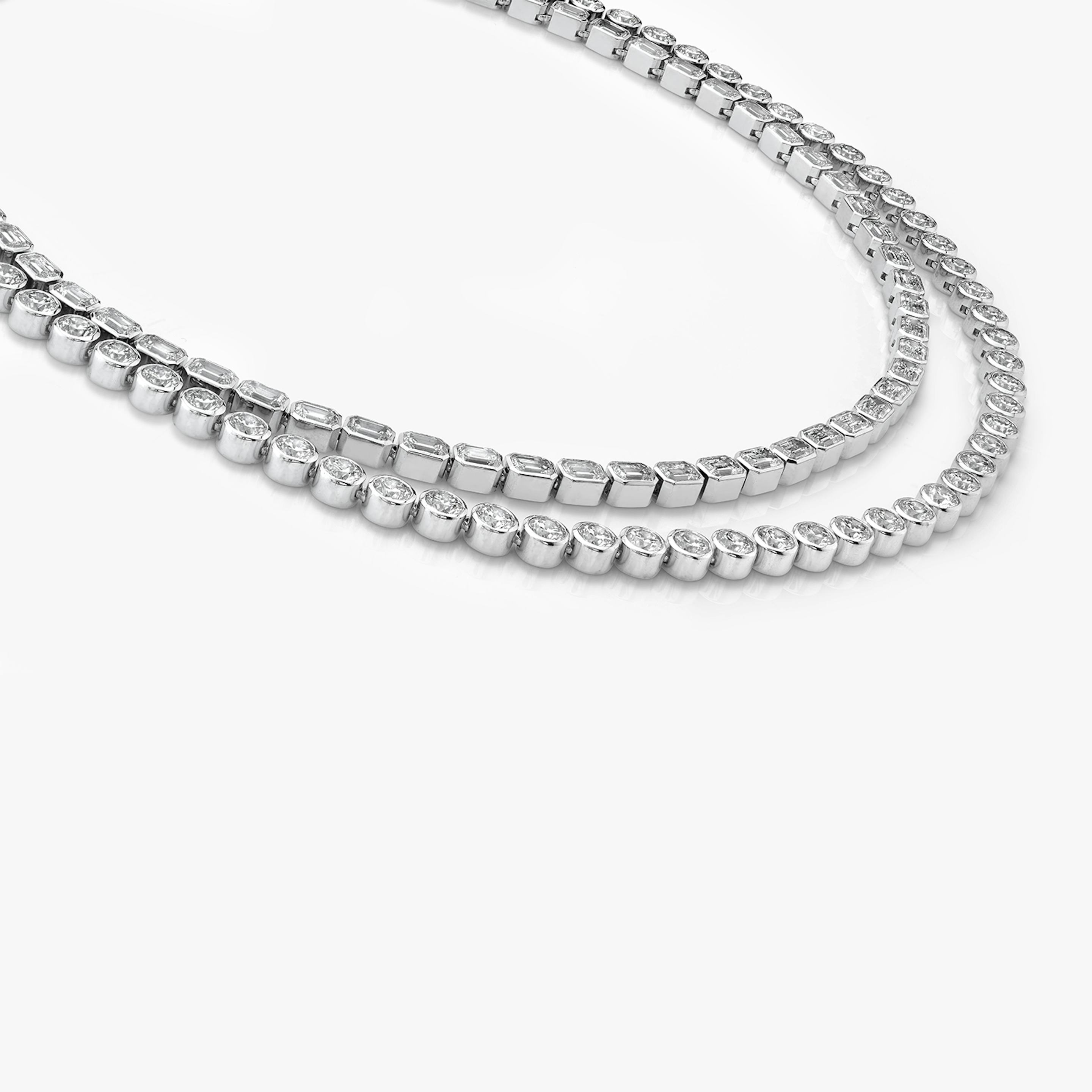 Celestial Double Strand Tennis Necklace  | Round Brilliant and Emerald | 14k | 18k White Gold
