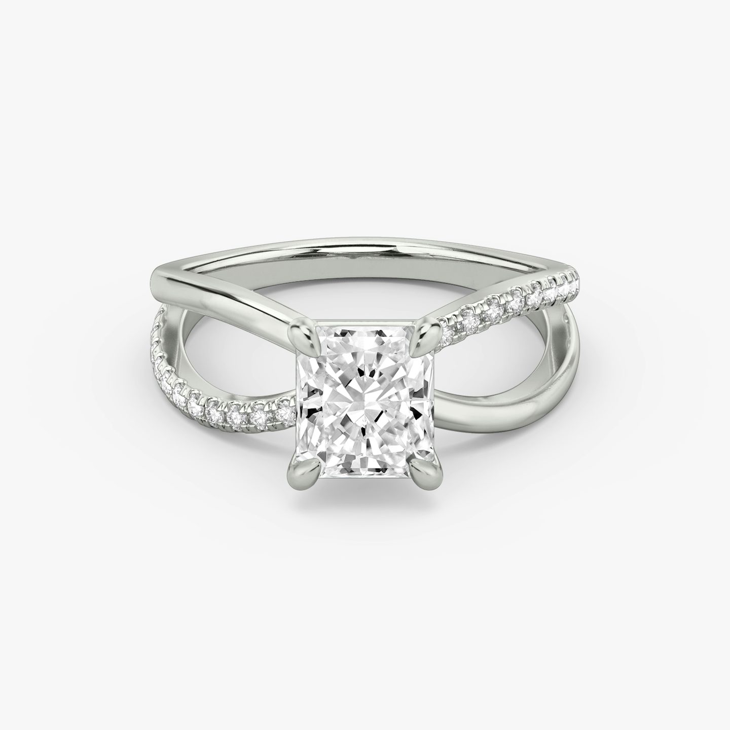 The Duet | Radiant | Platinum | Band: Pavé | Diamond orientation: vertical | Carat weight: See full inventory