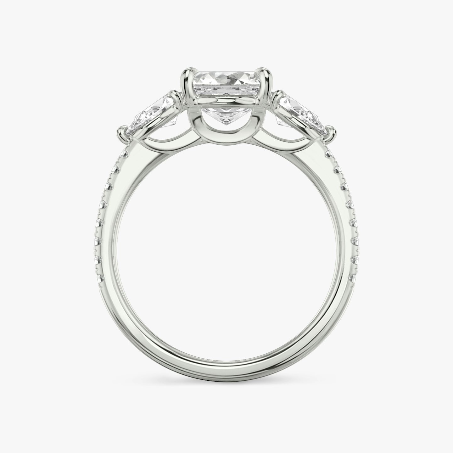 The Three Stone | Asscher | 18k | 18k White Gold | Band: Pavé | Side stone carat: 1/4 | Side stone shape: Pear | Diamond orientation: vertical | Carat weight: See full inventory