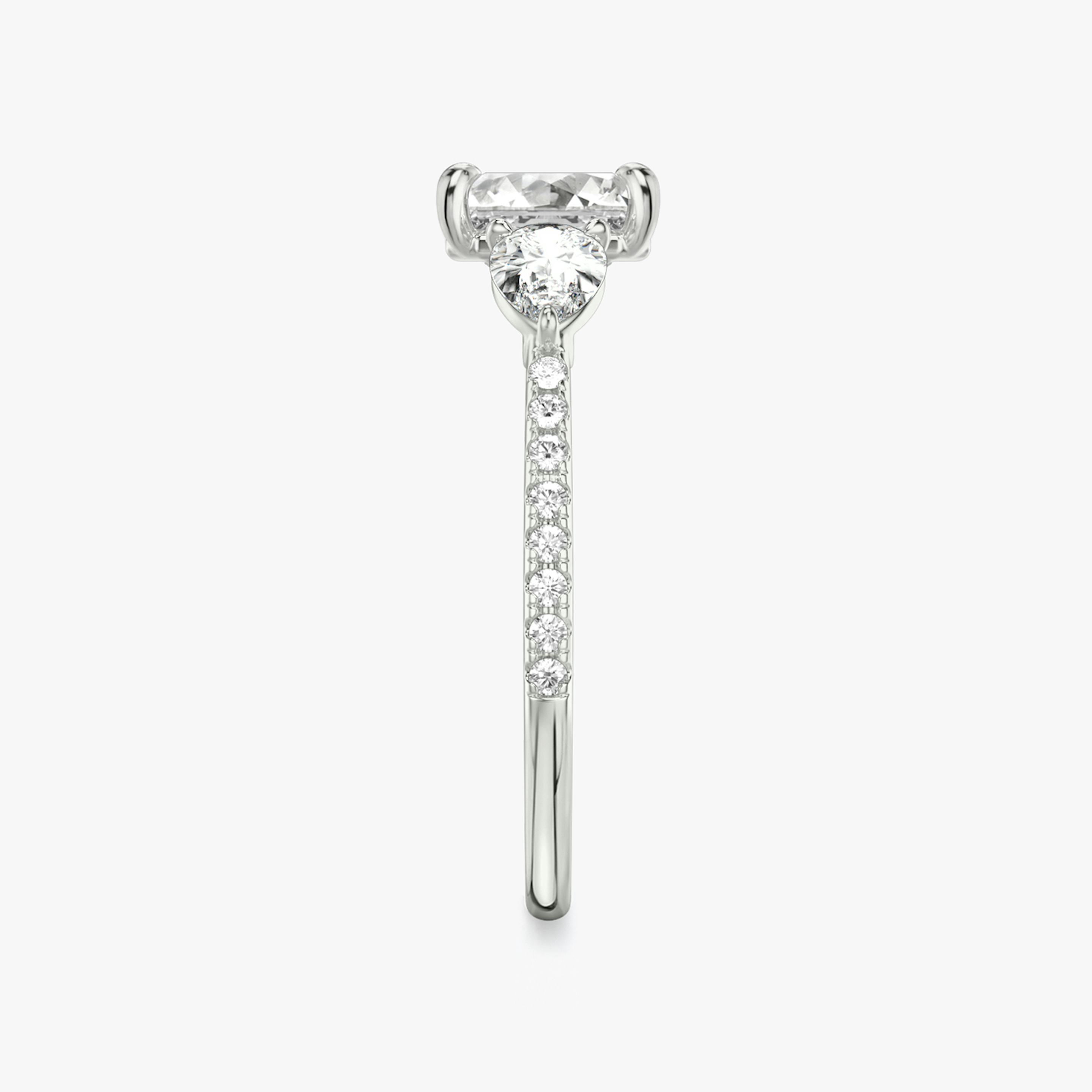 The Three Stone | Asscher | Platinum | Band: Pavé | Side stone carat: 1/4 | Side stone shape: Pear | Diamond orientation: vertical | Carat weight: See full inventory