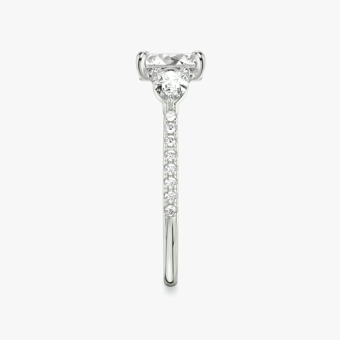 The Three Stone | Asscher | 18k | 18k White Gold | Band: Pavé | Side stone carat: 1/4 | Side stone shape: Pear | Diamond orientation: vertical | Carat weight: See full inventory