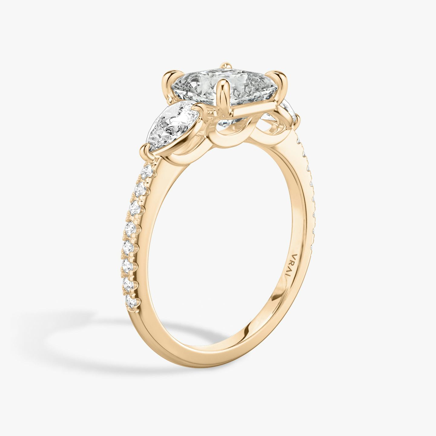 The Three Stone | Asscher | 14k | 14k Rose Gold | Band: Pavé | Side stone carat: 1/4 | Side stone shape: Pear | Diamond orientation: vertical | Carat weight: See full inventory
