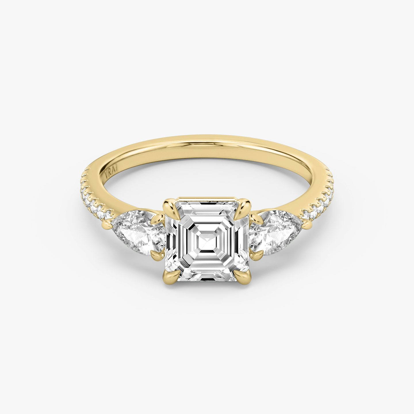 undefined | Asscher | 18k | 18k Yellow Gold | Band: Pavé | Side stone carat: 1/4 | Side stone shape: Pear | Diamond orientation: vertical | Carat weight: See full inventory