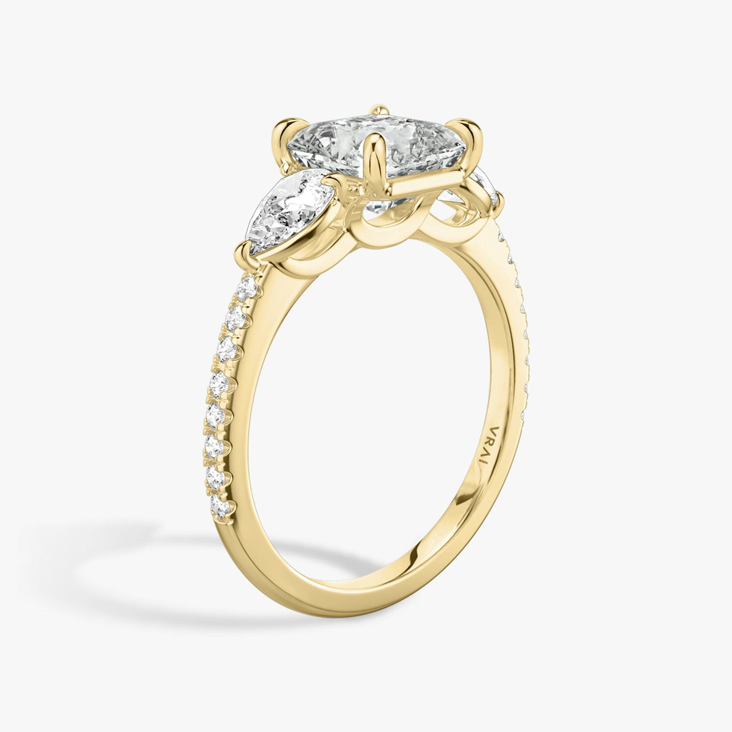 The Three Stone | Asscher | 18k | 18k Yellow Gold | Band: Pavé | Side stone carat: 1/4 | Side stone shape: Pear | Diamond orientation: vertical | Carat weight: See full inventory