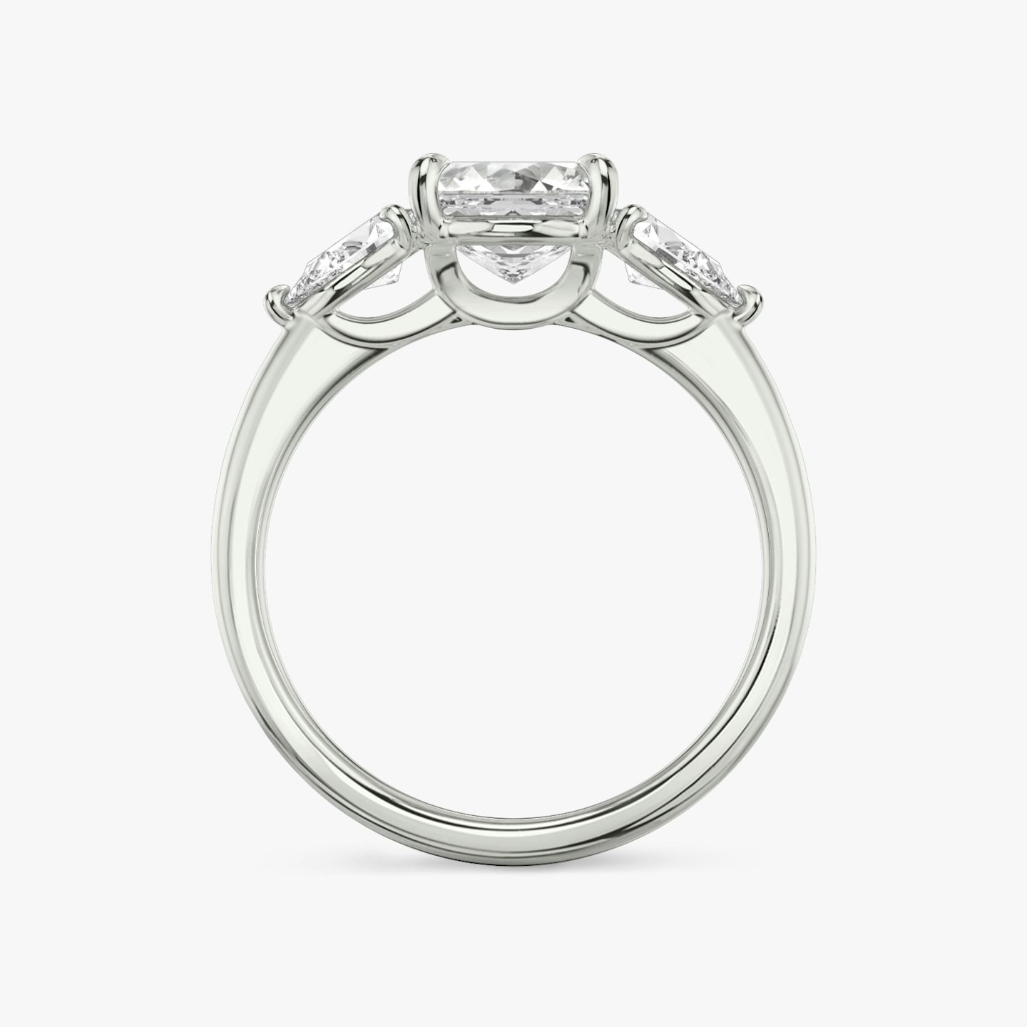 The Three Stone | Asscher | Platinum | Band: Plain | Side stone carat: 1/4 | Side stone shape: Pear | Diamond orientation: vertical | Carat weight: See full inventory