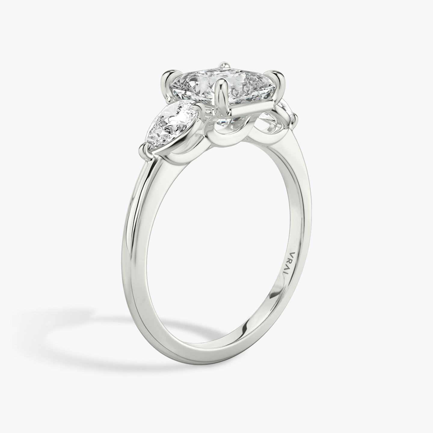 The Three Stone | Asscher | 18k | 18k White Gold | Band: Plain | Side stone carat: 1/4 | Side stone shape: Pear | Diamond orientation: vertical | Carat weight: See full inventory