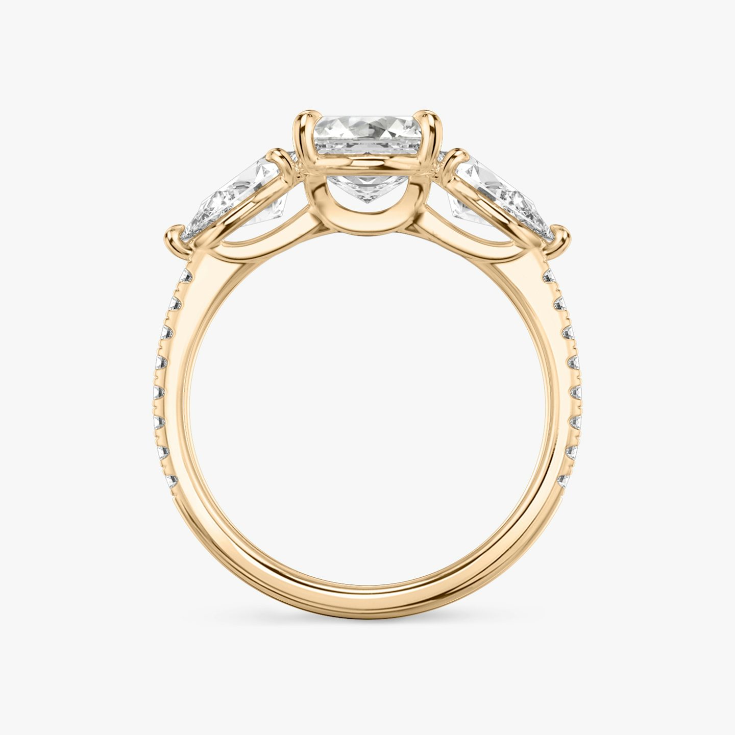 The Three Stone | Asscher | 14k | 14k Rose Gold | Band: Pavé | Side stone carat: 1/2 | Side stone shape: Pear | Diamond orientation: vertical | Carat weight: See full inventory