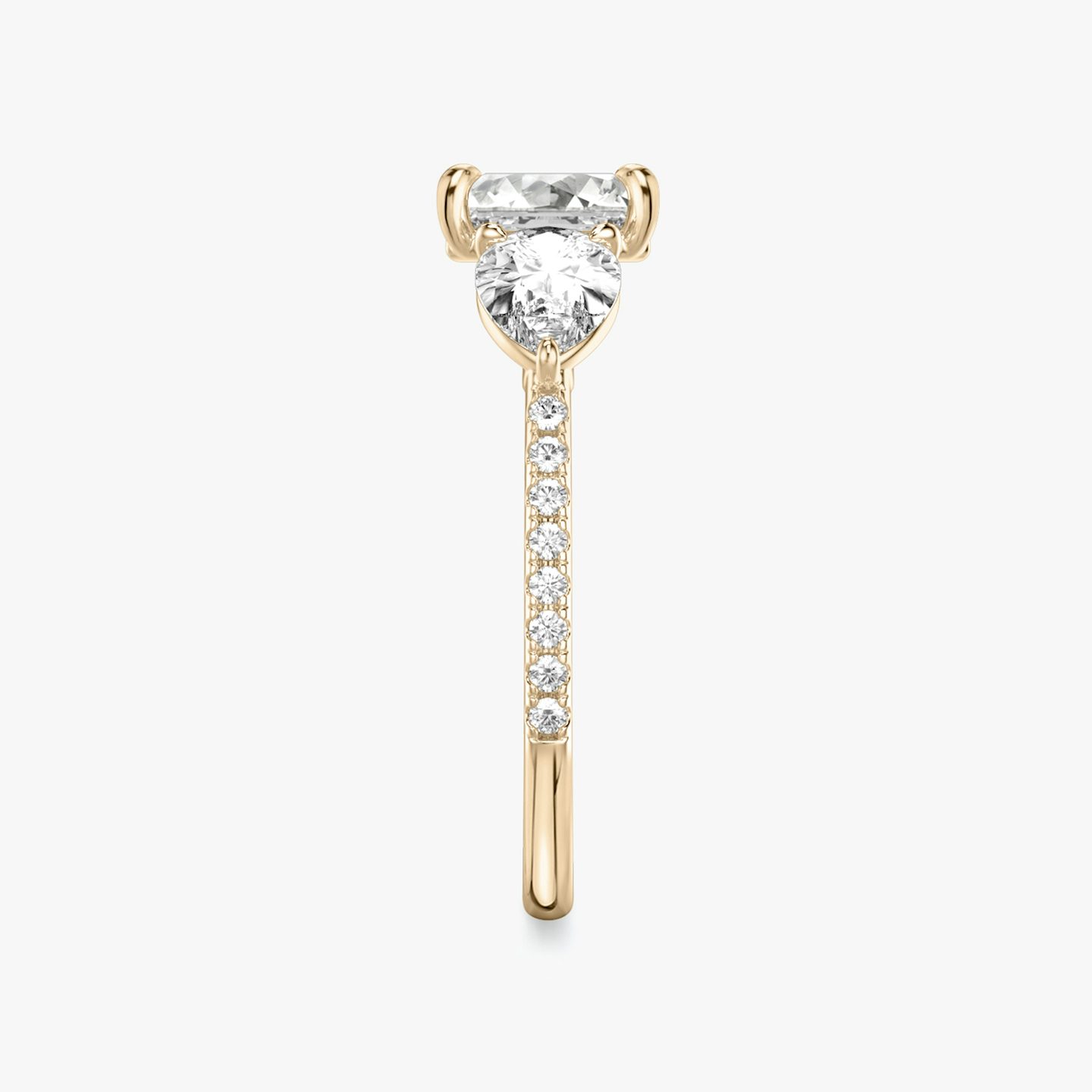 The Three Stone | Asscher | 14k | 14k Rose Gold | Band: Pavé | Side stone carat: 1/2 | Side stone shape: Pear | Diamond orientation: vertical | Carat weight: See full inventory