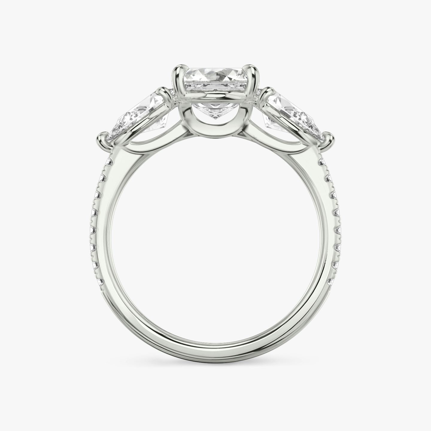 The Three Stone | Asscher | 18k | 18k White Gold | Band: Pavé | Side stone carat: 1/2 | Side stone shape: Pear | Diamond orientation: vertical | Carat weight: See full inventory