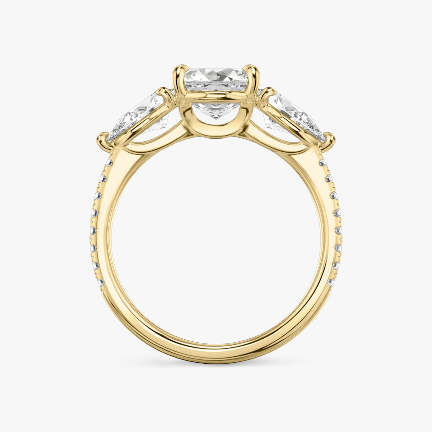 The Three Stone | Asscher | 18k | 18k Yellow Gold | Band: Pavé | Side stone carat: 1/2 | Side stone shape: Pear | Diamond orientation: vertical | Carat weight: See full inventory