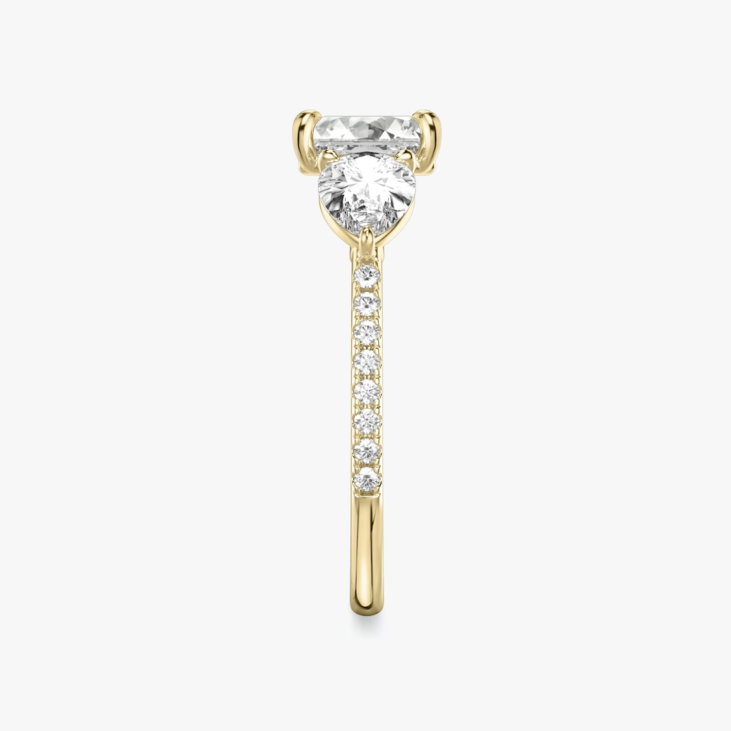 The Three Stone | Asscher | 18k | 18k Yellow Gold | Band: Pavé | Side stone carat: 1/2 | Side stone shape: Pear | Diamond orientation: vertical | Carat weight: See full inventory