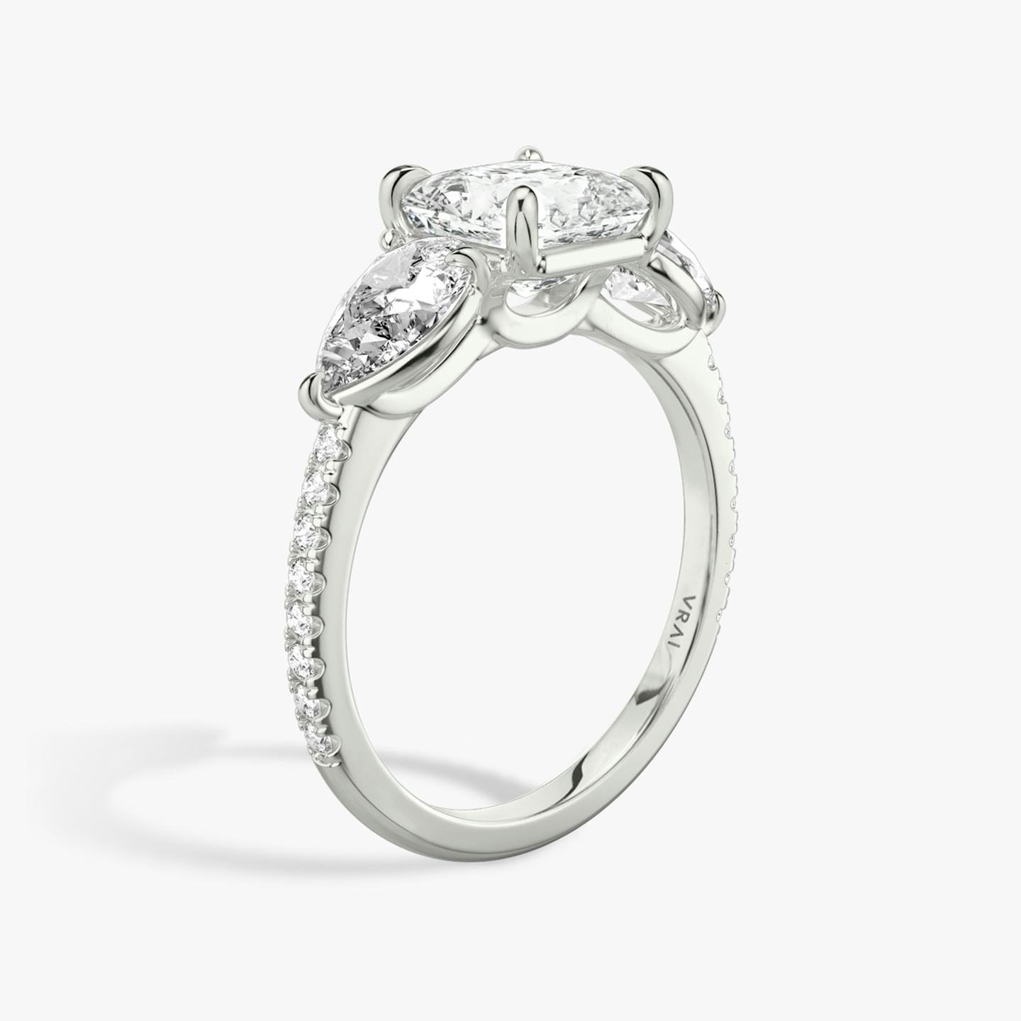 The Three Stone | Asscher | Platinum | Band: Pavé | Side stone carat: 1/2 | Side stone shape: Pear | Diamond orientation: vertical | Carat weight: See full inventory