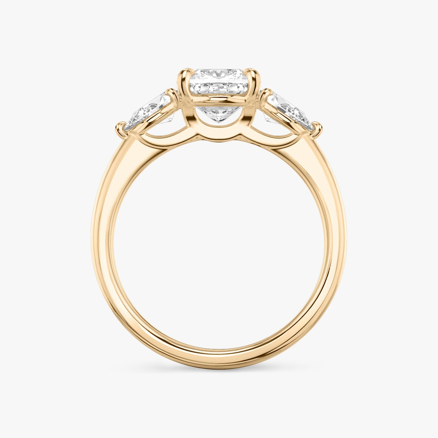 The Three Stone | Pavé Cushion | 14k | 14k Rose Gold | Band: Plain | Side stone carat: 1/4 | Side stone shape: Pear | Diamond orientation: vertical | Carat weight: See full inventory