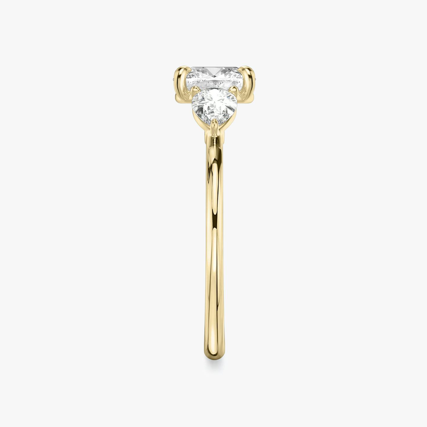 The Three Stone | Pavé Cushion | 18k | 18k Yellow Gold | Band: Plain | Side stone carat: 1/4 | Side stone shape: Pear | Diamond orientation: vertical | Carat weight: See full inventory