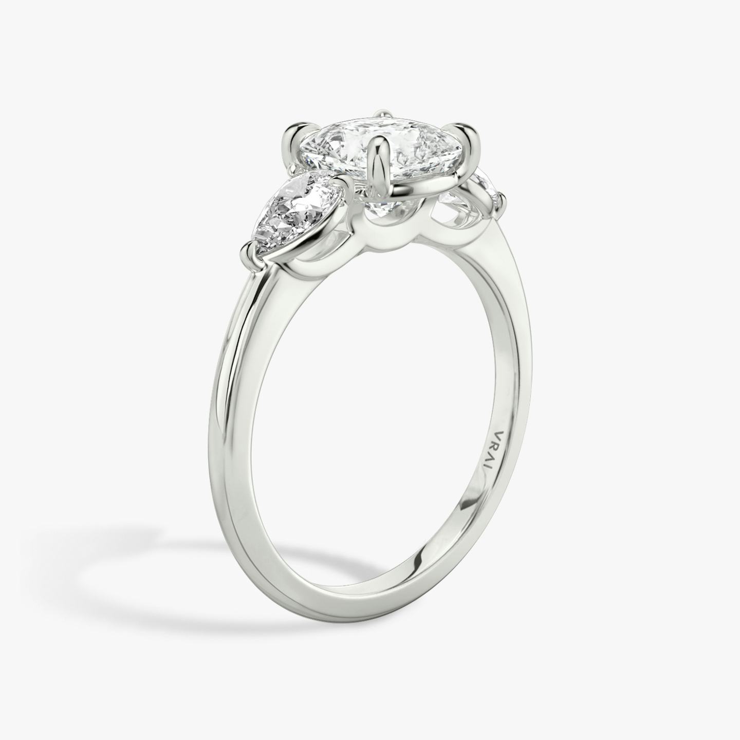 The Three Stone | Pavé Cushion | 18k | 18k White Gold | Band: Plain | Side stone carat: 1/4 | Side stone shape: Pear | Diamond orientation: vertical | Carat weight: See full inventory