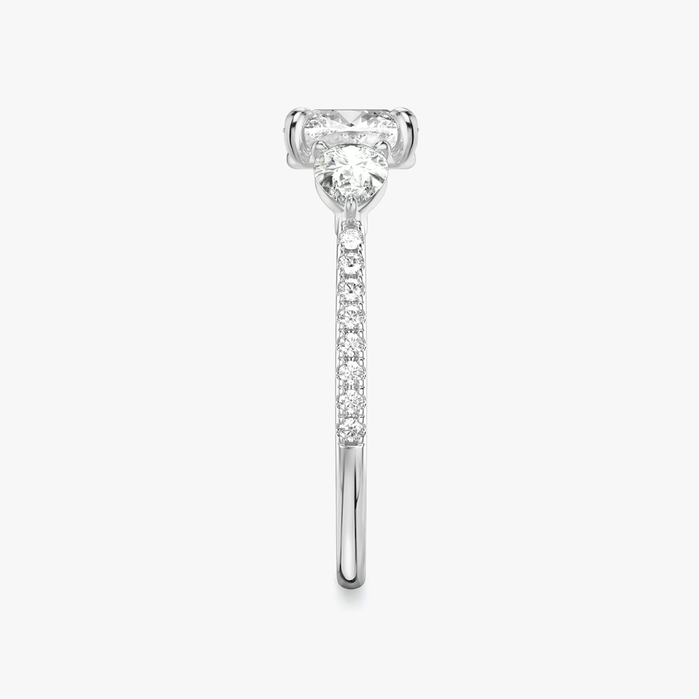 The Three Stone | Pavé Cushion | 18k | 18k White Gold | Band: Pavé | Side stone carat: 1/4 | Side stone shape: Pear | Diamond orientation: vertical | Carat weight: See full inventory