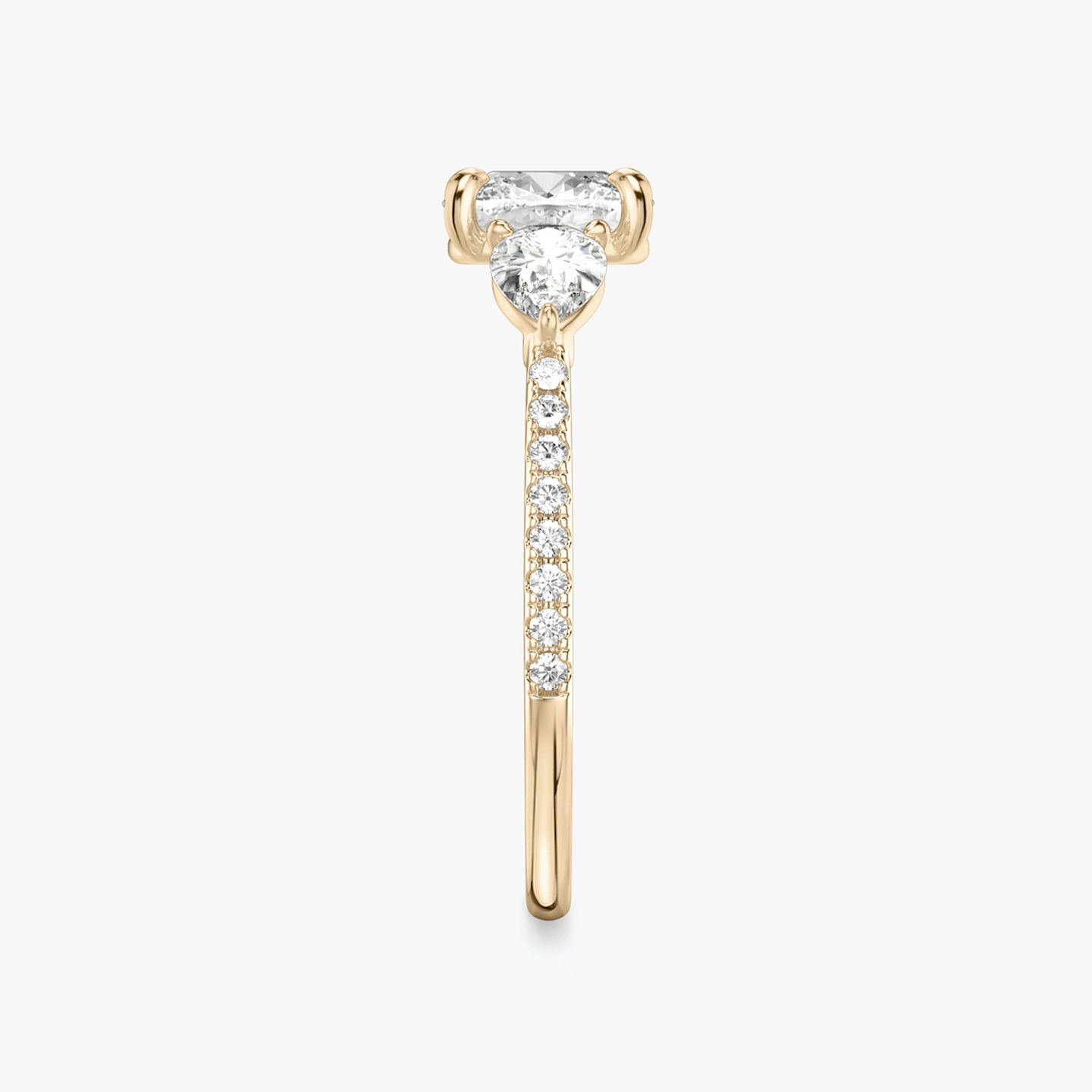 The Three Stone | Pavé Cushion | 14k | 14k Rose Gold | Band: Pavé | Side stone carat: 1/4 | Side stone shape: Pear | Diamond orientation: vertical | Carat weight: See full inventory