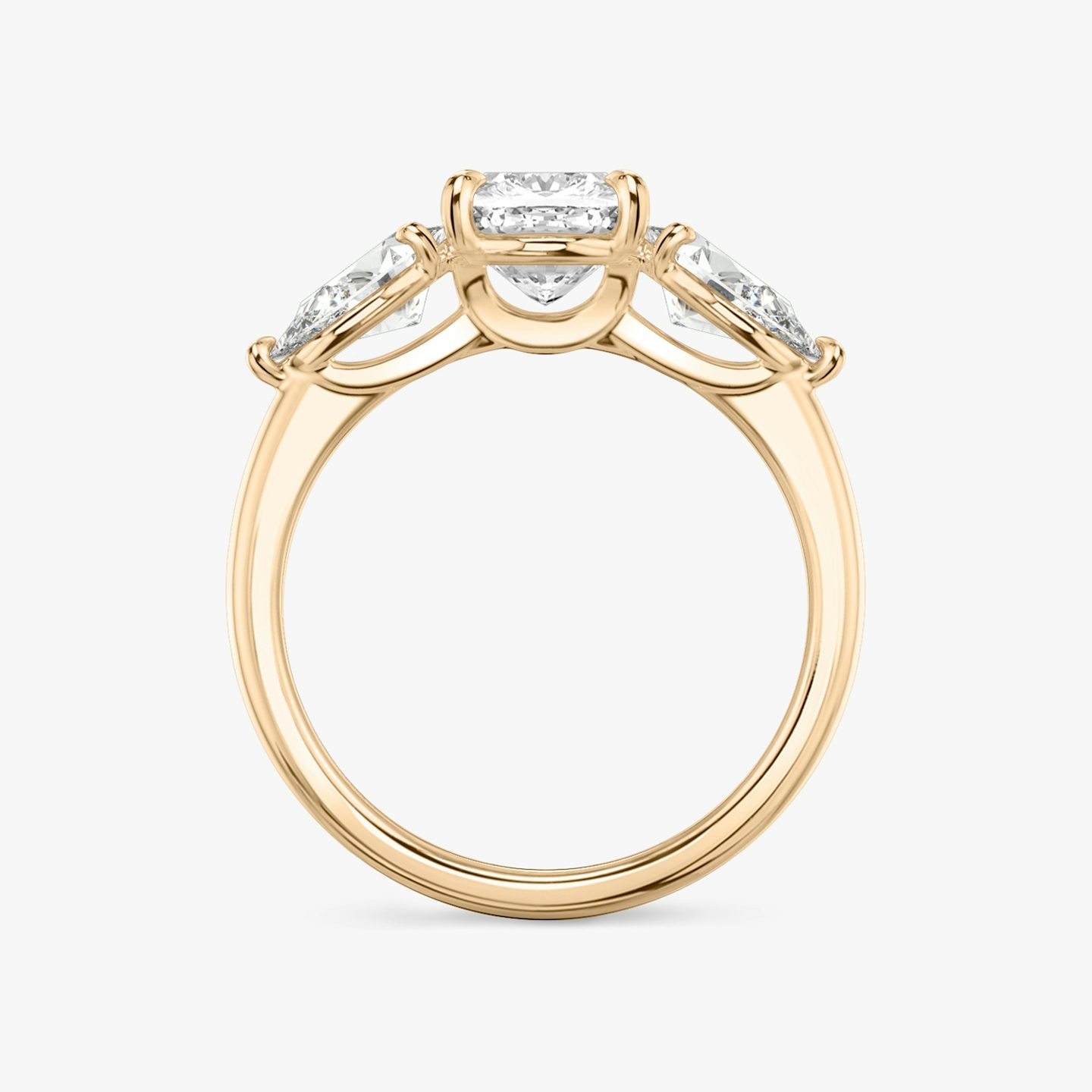 The Three Stone | Pavé Cushion | 14k | 14k Rose Gold | Band: Plain | Side stone carat: 1/2 | Side stone shape: Pear | Diamond orientation: vertical | Carat weight: See full inventory