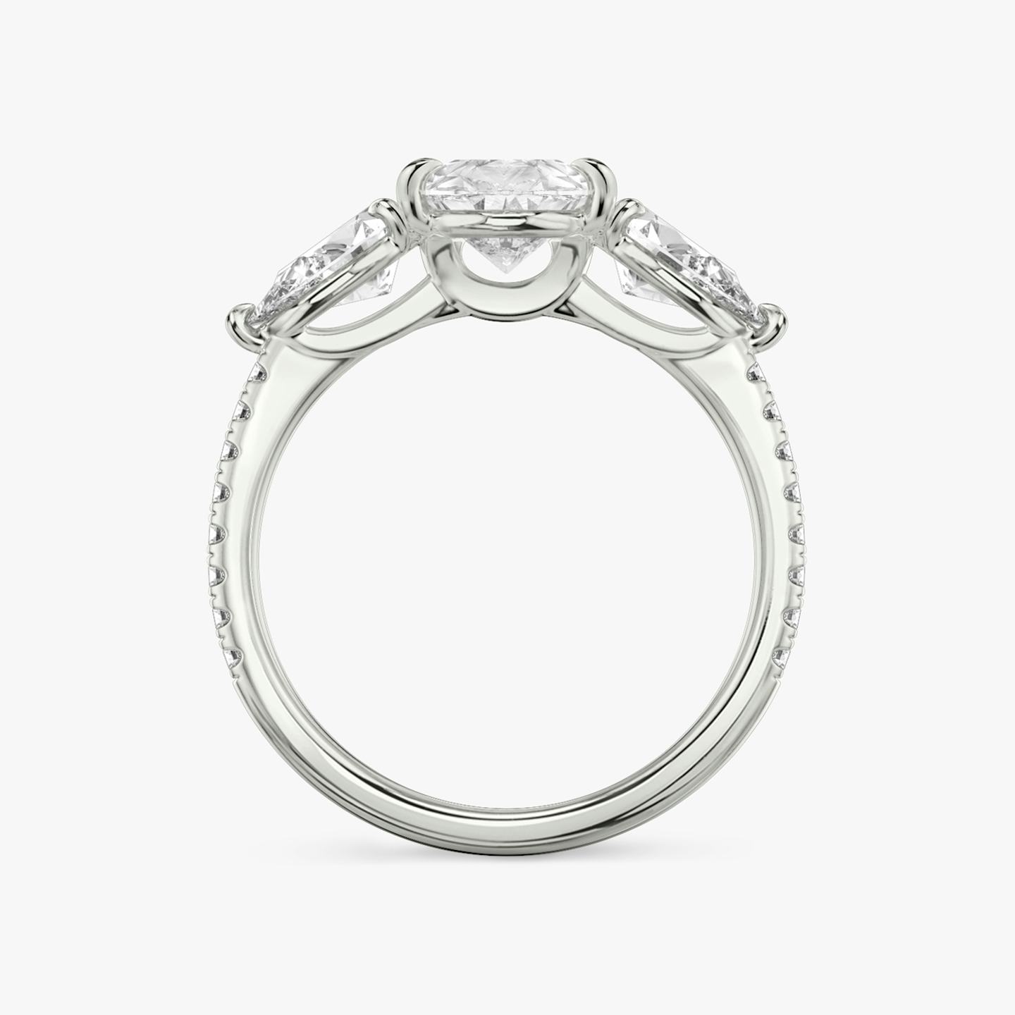 The Three Stone | Pear | Platinum | Band: Pavé | Side stone carat: 1/2 | Side stone shape: Pear | Diamond orientation: vertical | Carat weight: See full inventory