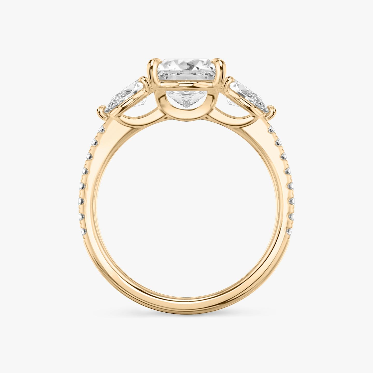 The Three Stone | Princess | 14k | 14k Rose Gold | Band: Pavé | Side stone carat: 1/4 | Side stone shape: Pear | Diamond orientation: vertical | Carat weight: See full inventory