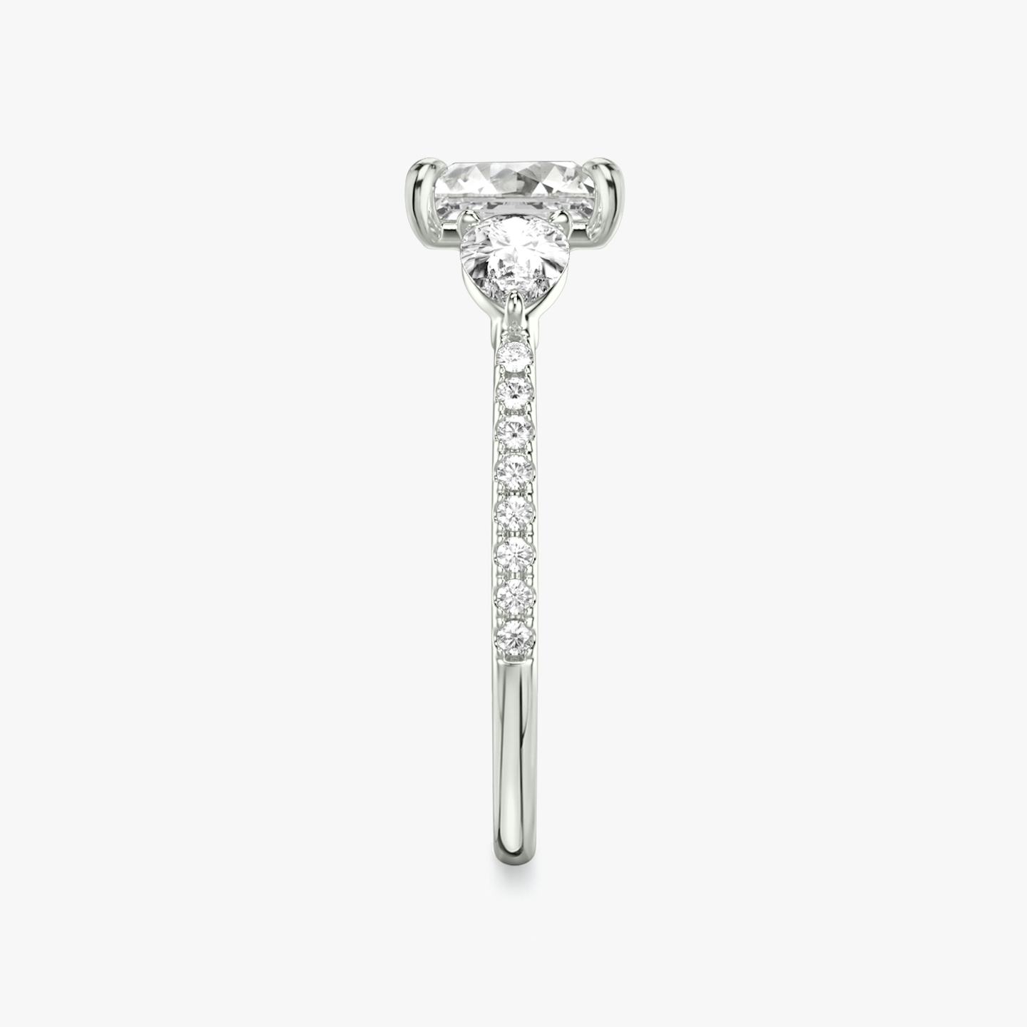The Three Stone | Princess | Platinum | Band: Pavé | Side stone carat: 1/4 | Side stone shape: Pear | Diamond orientation: vertical | Carat weight: See full inventory