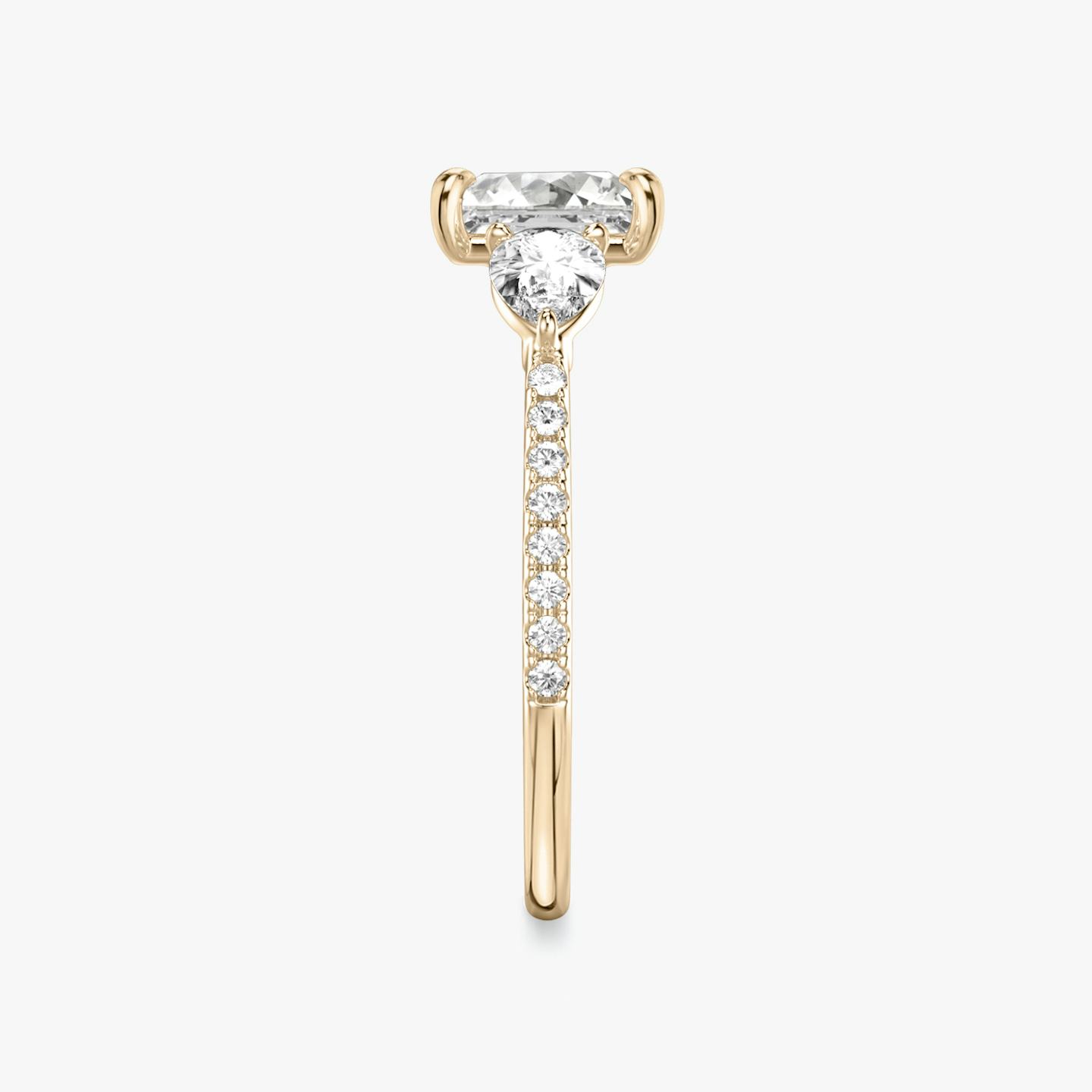 The Three Stone | Princess | 14k | 14k Rose Gold | Band: Pavé | Side stone carat: 1/4 | Side stone shape: Pear | Diamond orientation: vertical | Carat weight: See full inventory