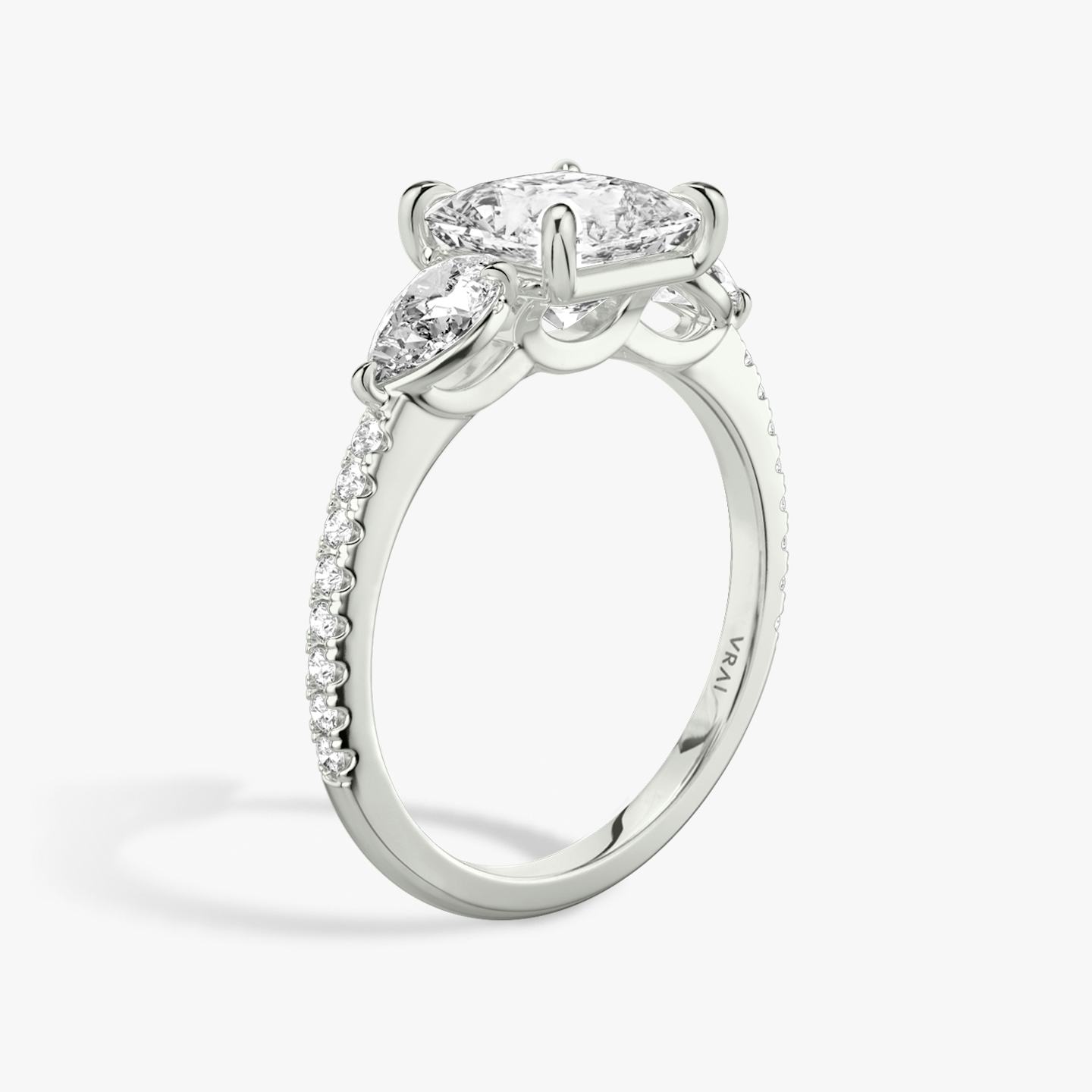 The Three Stone | Princess | 18k | 18k White Gold | Band: Pavé | Side stone carat: 1/4 | Side stone shape: Pear | Diamond orientation: vertical | Carat weight: See full inventory
