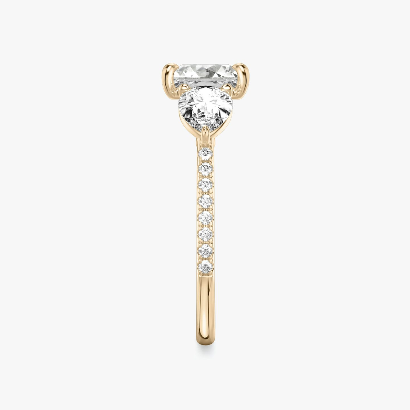 The Three Stone | Princess | 14k | 14k Rose Gold | Band: Pavé | Side stone carat: 1/2 | Side stone shape: Pear | Diamond orientation: vertical | Carat weight: See full inventory