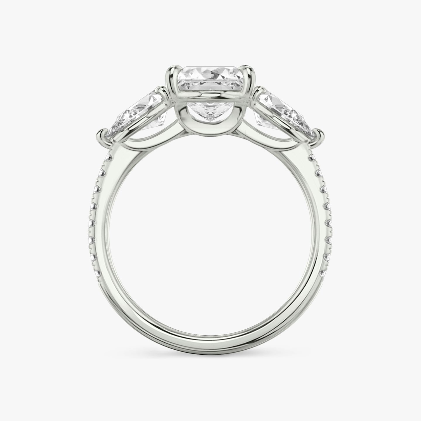 The Three Stone | Princess | 18k | 18k White Gold | Band: Pavé | Side stone carat: 1/2 | Side stone shape: Pear | Diamond orientation: vertical | Carat weight: See full inventory