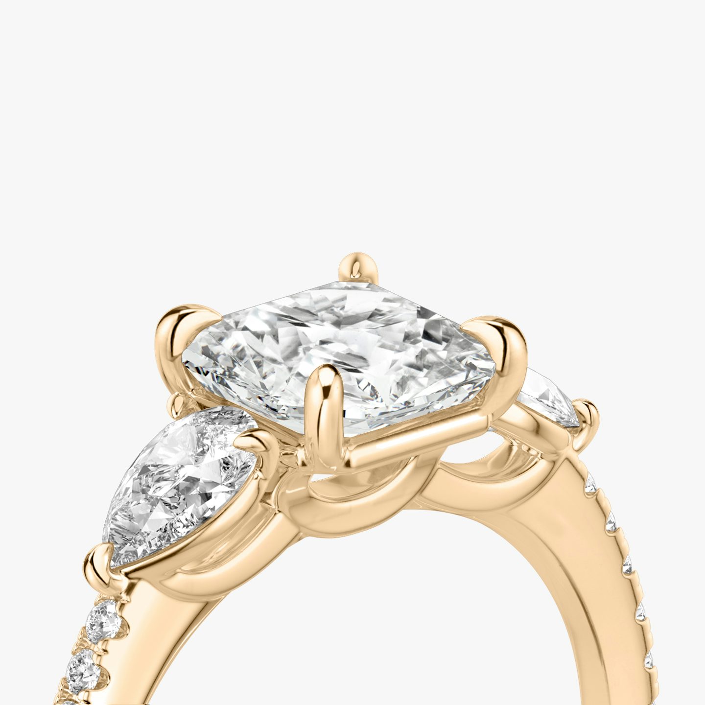 The Three Stone | Asscher | 14k | 14k Rose Gold | Band: Pavé | Side stone carat: 1/4 | Side stone shape: Pear | Diamond orientation: vertical | Carat weight: See full inventory