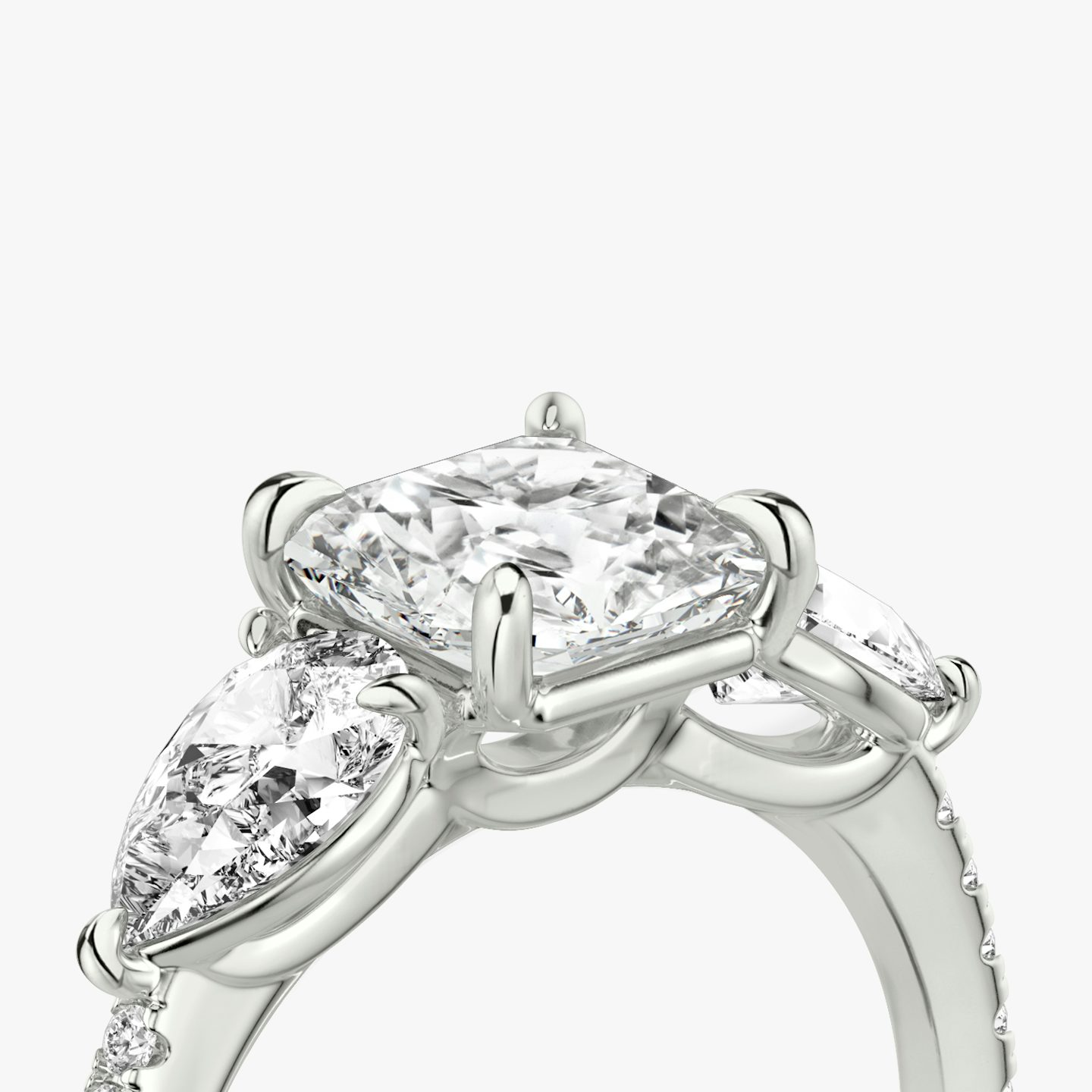 The Three Stone | Asscher | Platinum | Band: Pavé | Side stone carat: 1/2 | Side stone shape: Pear | Diamond orientation: vertical | Carat weight: See full inventory