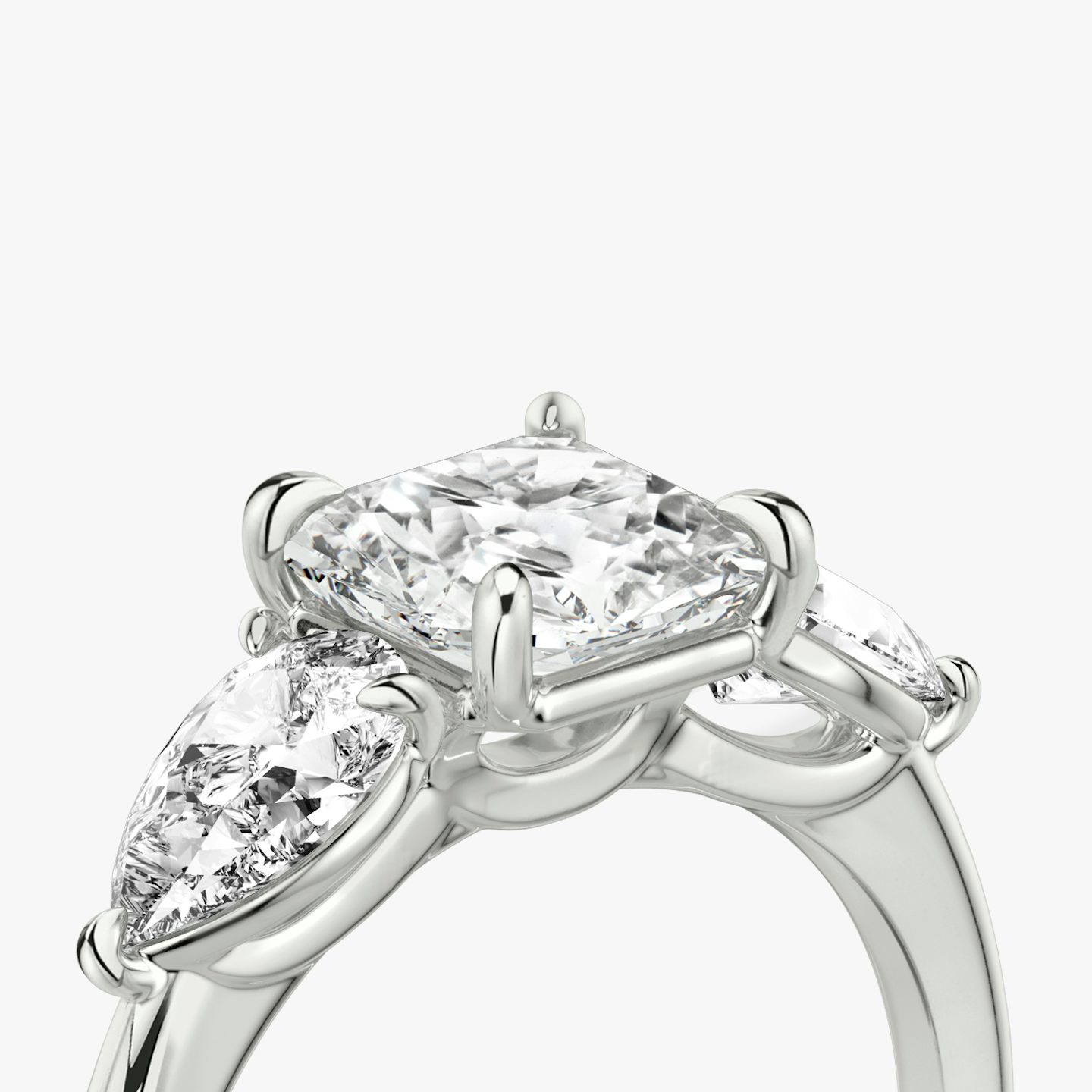 The Three Stone | Asscher | 18k | 18k White Gold | Band: Plain | Side stone carat: 1/2 | Side stone shape: Pear | Diamond orientation: vertical | Carat weight: See full inventory