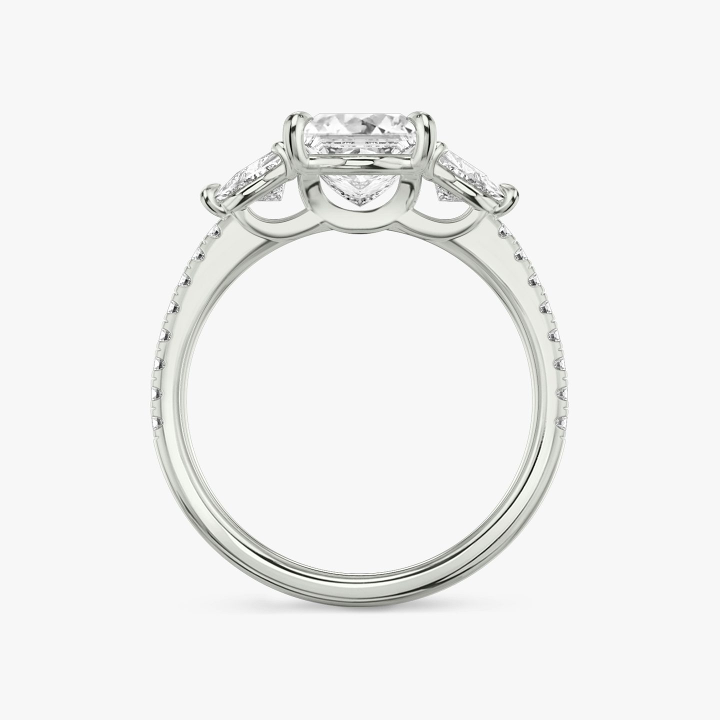 The Three Stone | Princess | 18k | 18k White Gold | Band: Pavé | Side stone carat: 1/4 | Side stone shape: Trillion | Diamond orientation: vertical | Carat weight: See full inventory